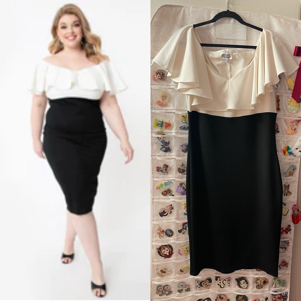 Unique Vintage Black & White Colorblock Ruffle Lilith Wiggle Dress